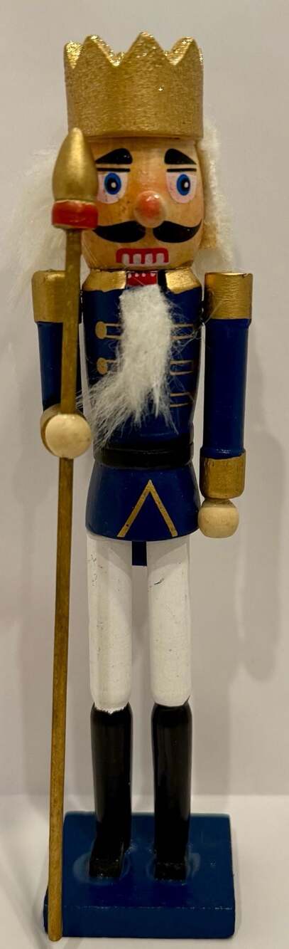 8” Vintage Wooden Nutcracker King in Blue and Gold Uniform with Scepter